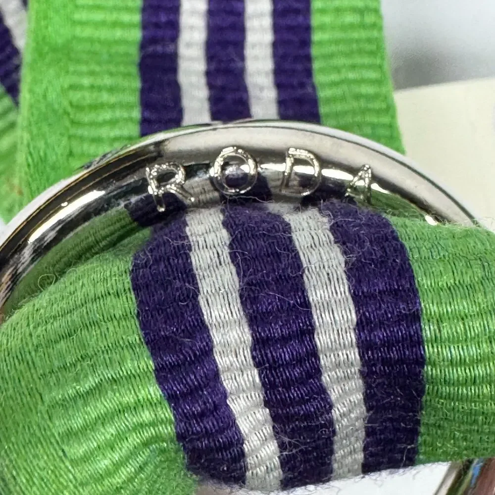 RODA Belt‎ Mens Unisex Large Green Navy Blue Stripe Fabric D Ring Preppy Classic